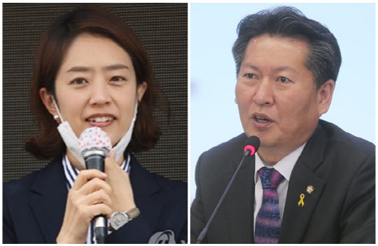 고민정(왼쪽) 더불어민주당 의원과 정청래 의원. 연합뉴스